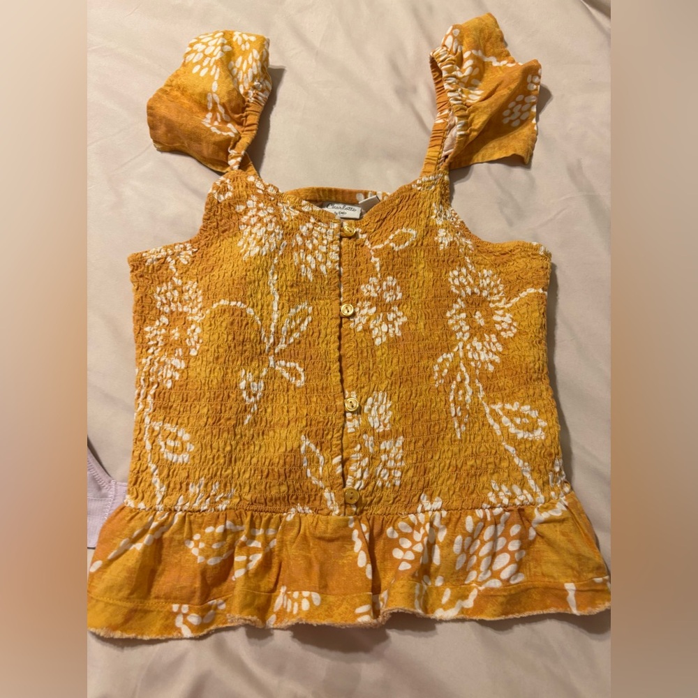 Cato Girls Light Pumpkin Floral Tank Top with Ruffle Sleeve